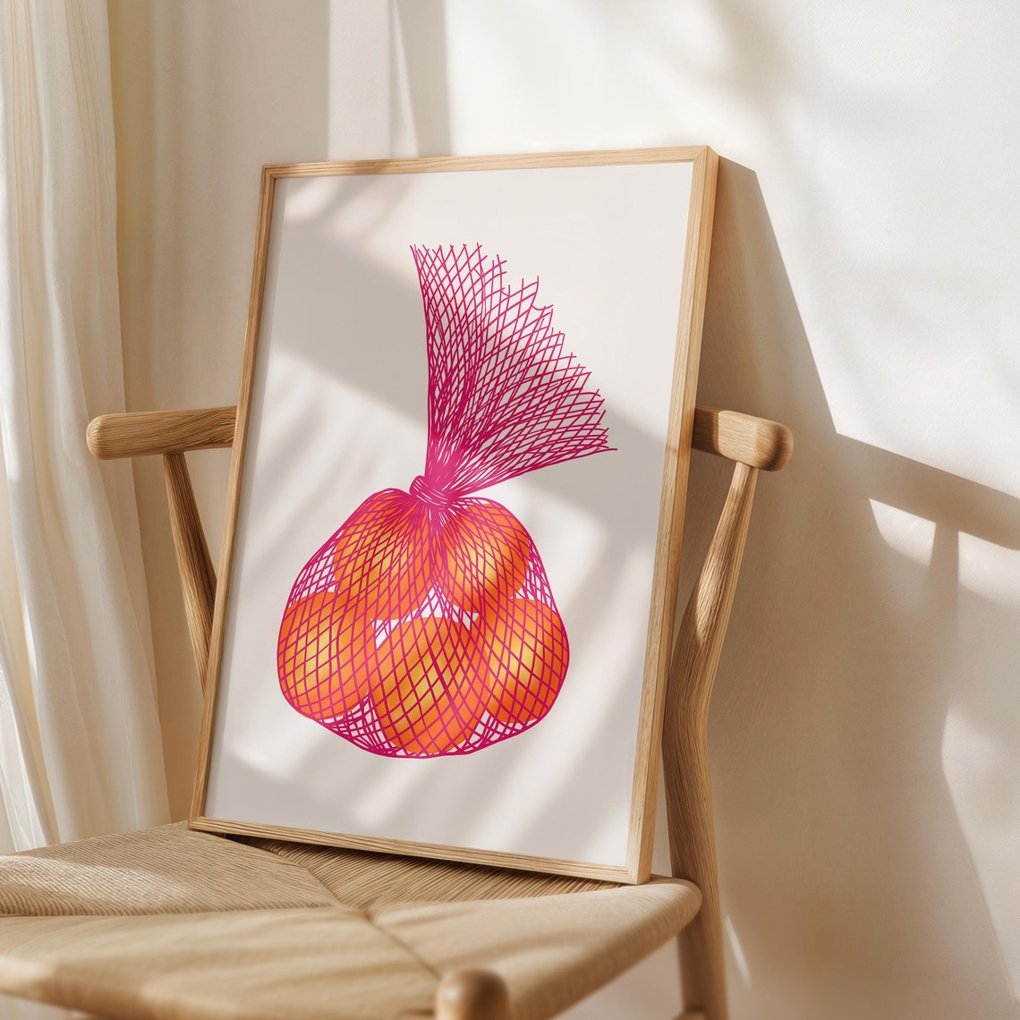 Oranges In Pink Mesh Net Bag Bold Retro Kitchen Fruit Art Poster