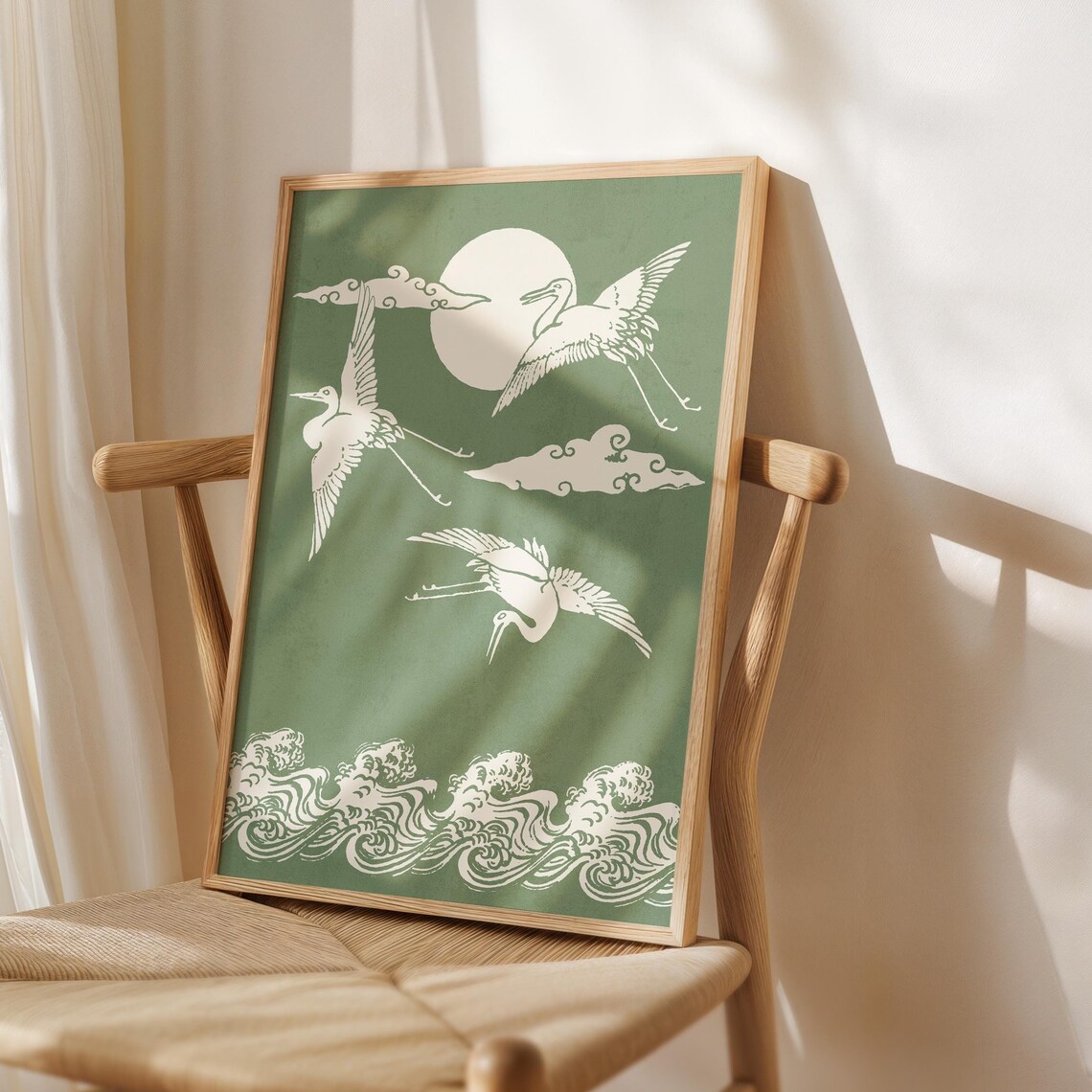 Sage Green Japanese Cranes Moon Ocean Waves Japandi Wall Poster