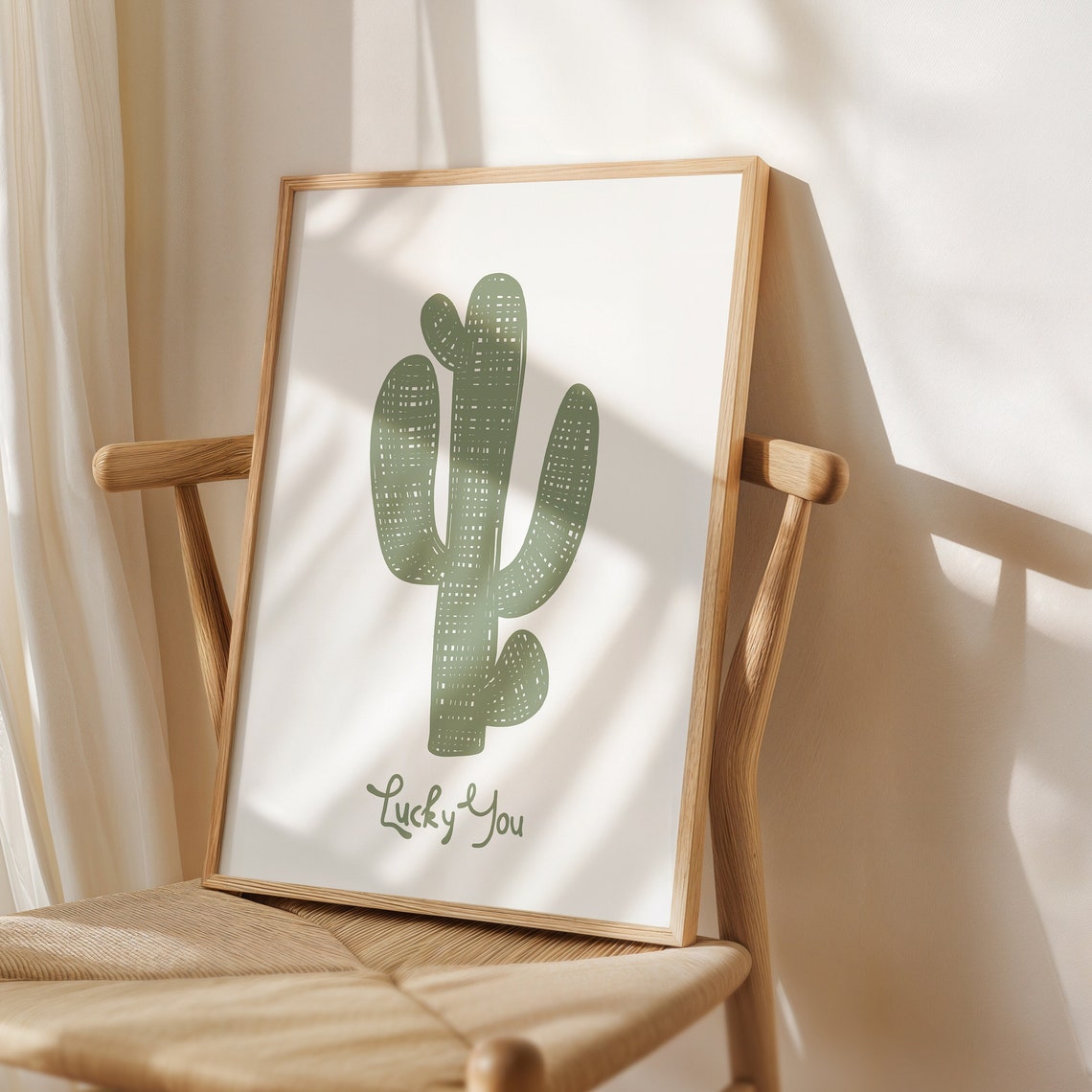 Lucky You Sage Green Cactus Trendy Boho Retro Room Decor Wall Art