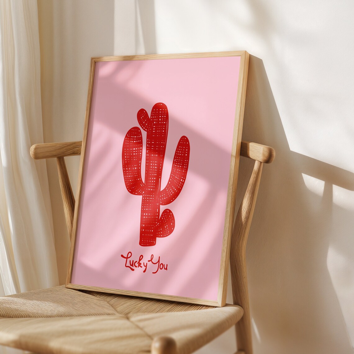Lucky You Red Cactus Retro Trendy Botanical Art Poster for Boho Rooms
