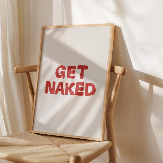Get Naked Cherry Red Retro Letters Funny Bathroom Quote Poster