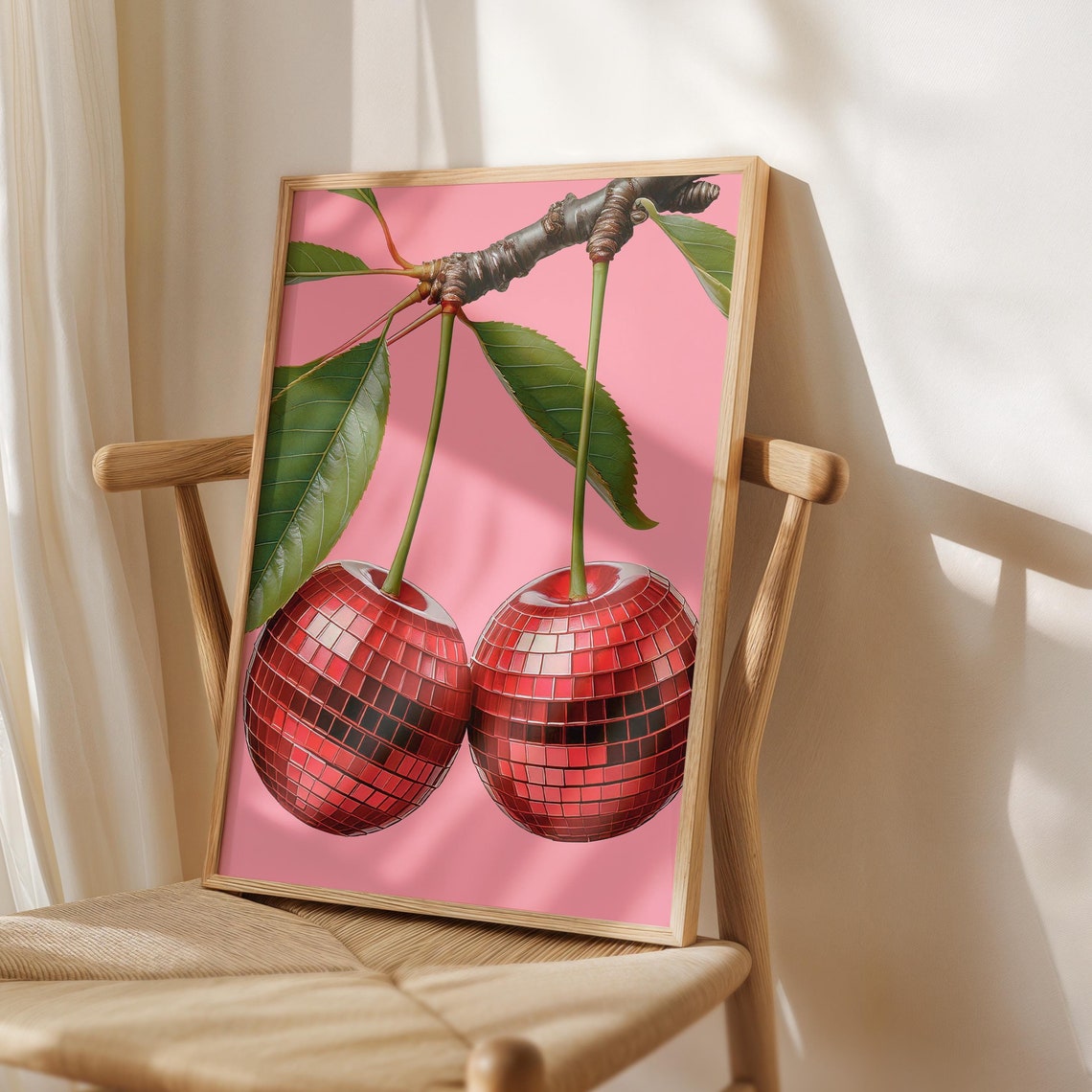 Red Disco Ball Cherries On Pink Retro Maximalist Kitchen Poster