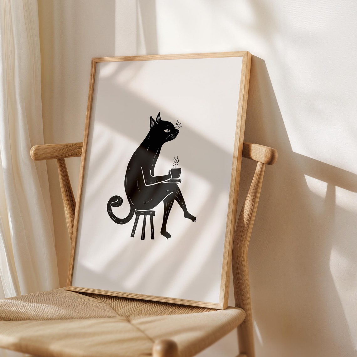 Black Cat Drinking Coffee Minimalist Ink Kitchen Coffee Wall Art