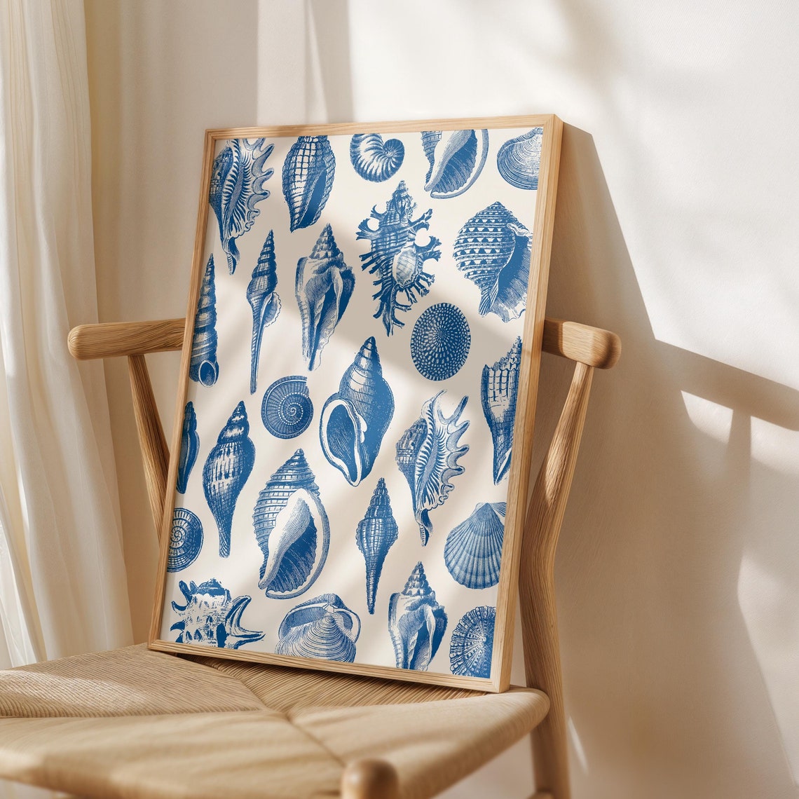 Navy Blue Vintage Seashell Illustrations Coastal Decor Poster