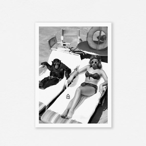 Woman And Chimpanzee Relaxing Sunbathing With Funny Poster Summer Decor Wall