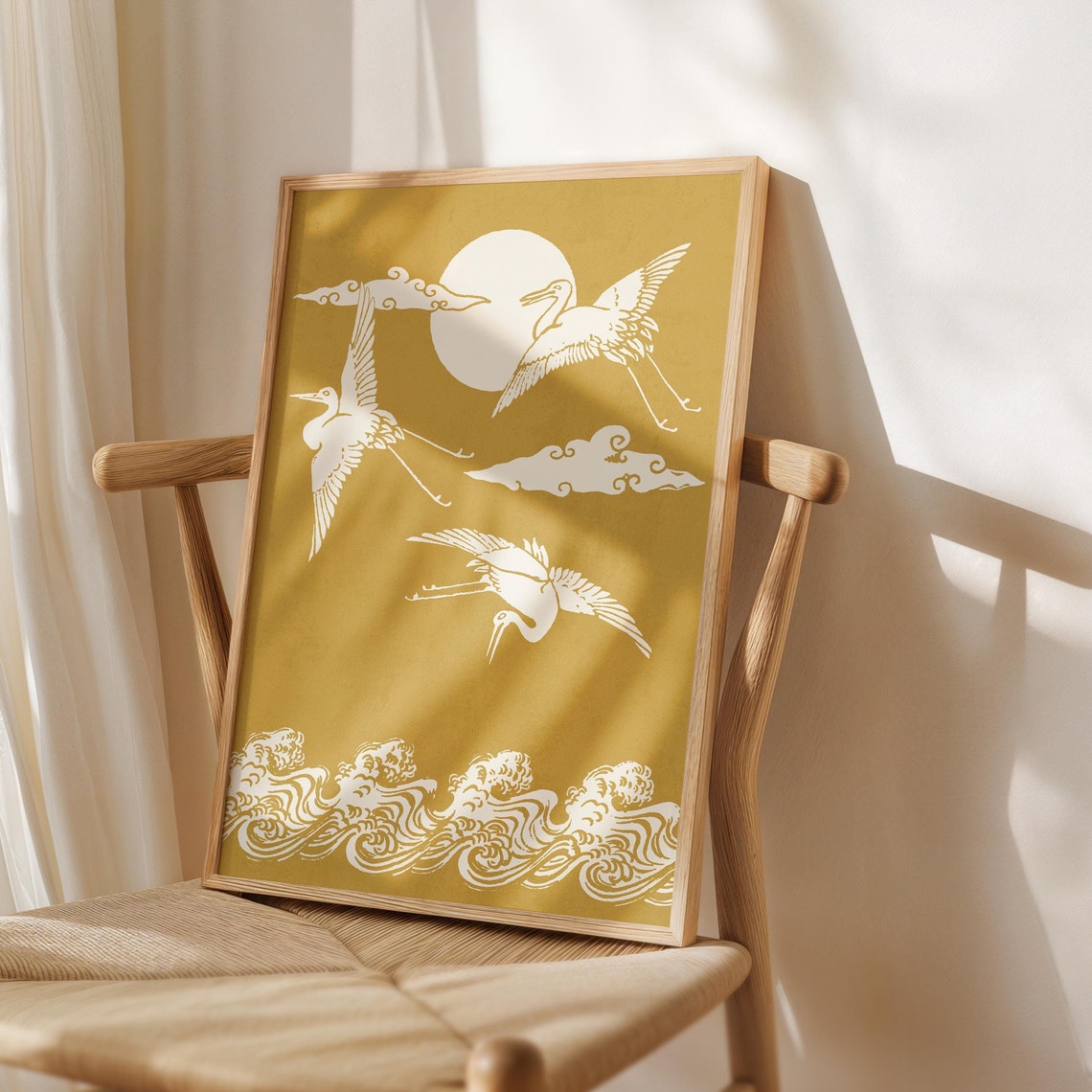 Mustard Yellow Japanese Cranes Moon Waves Japandi Wall Poster