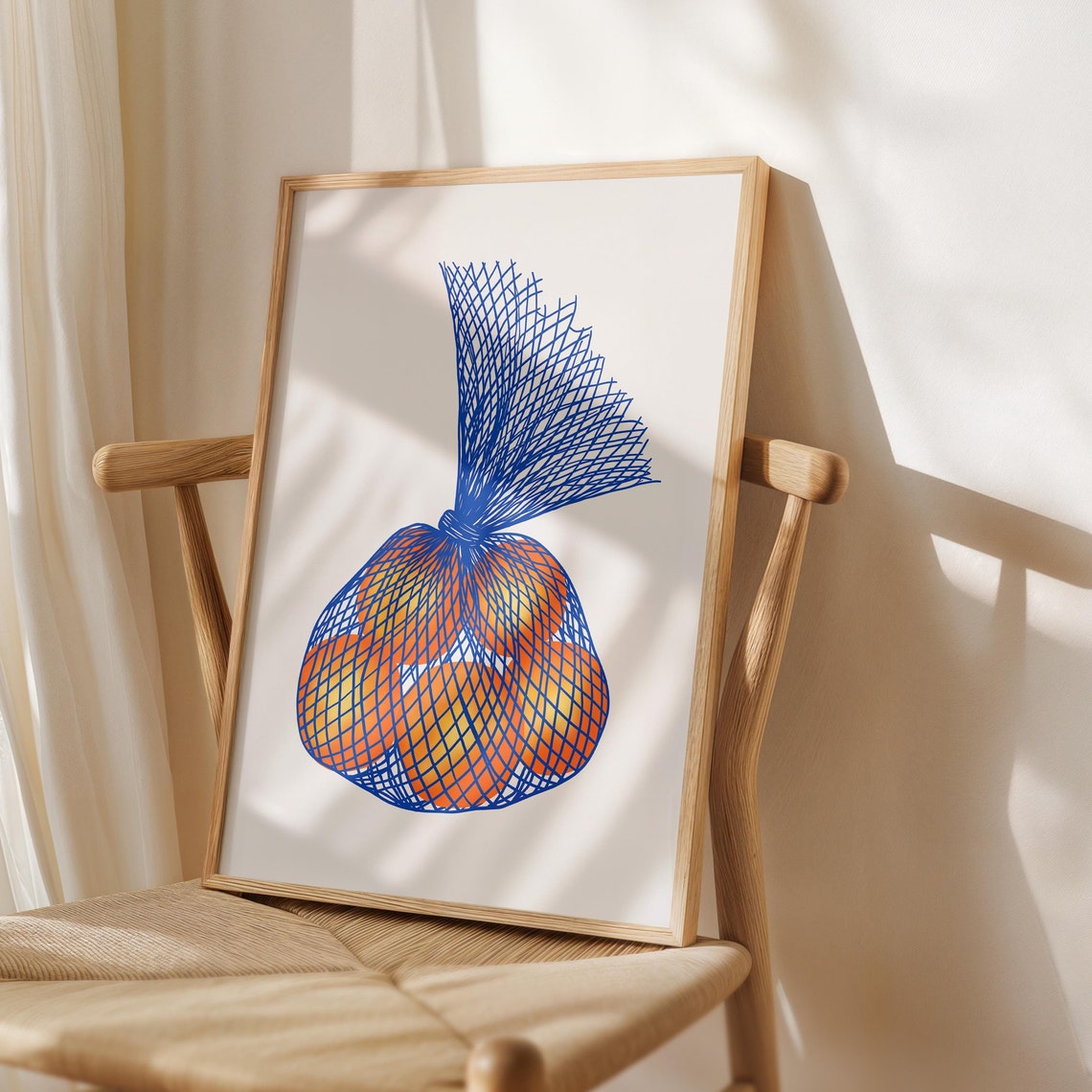 Oranges In Blue Mesh Net Bag Bold Retro Kitchen Fruit Art Poster