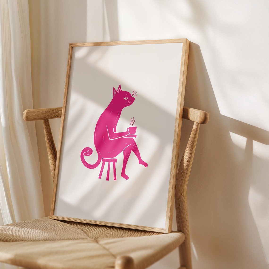 Pink Cat Drinking Coffee Minimalist Ink Kitchen Coffee Wall Art