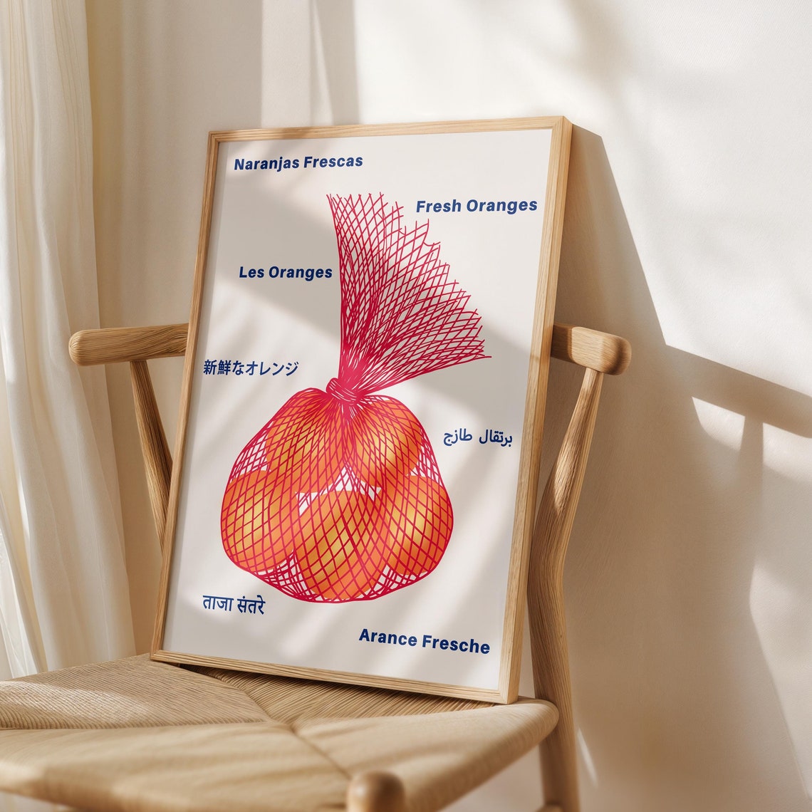 Fresh Oranges In Mesh Bag Multilingual Kitchen Illustration Poster