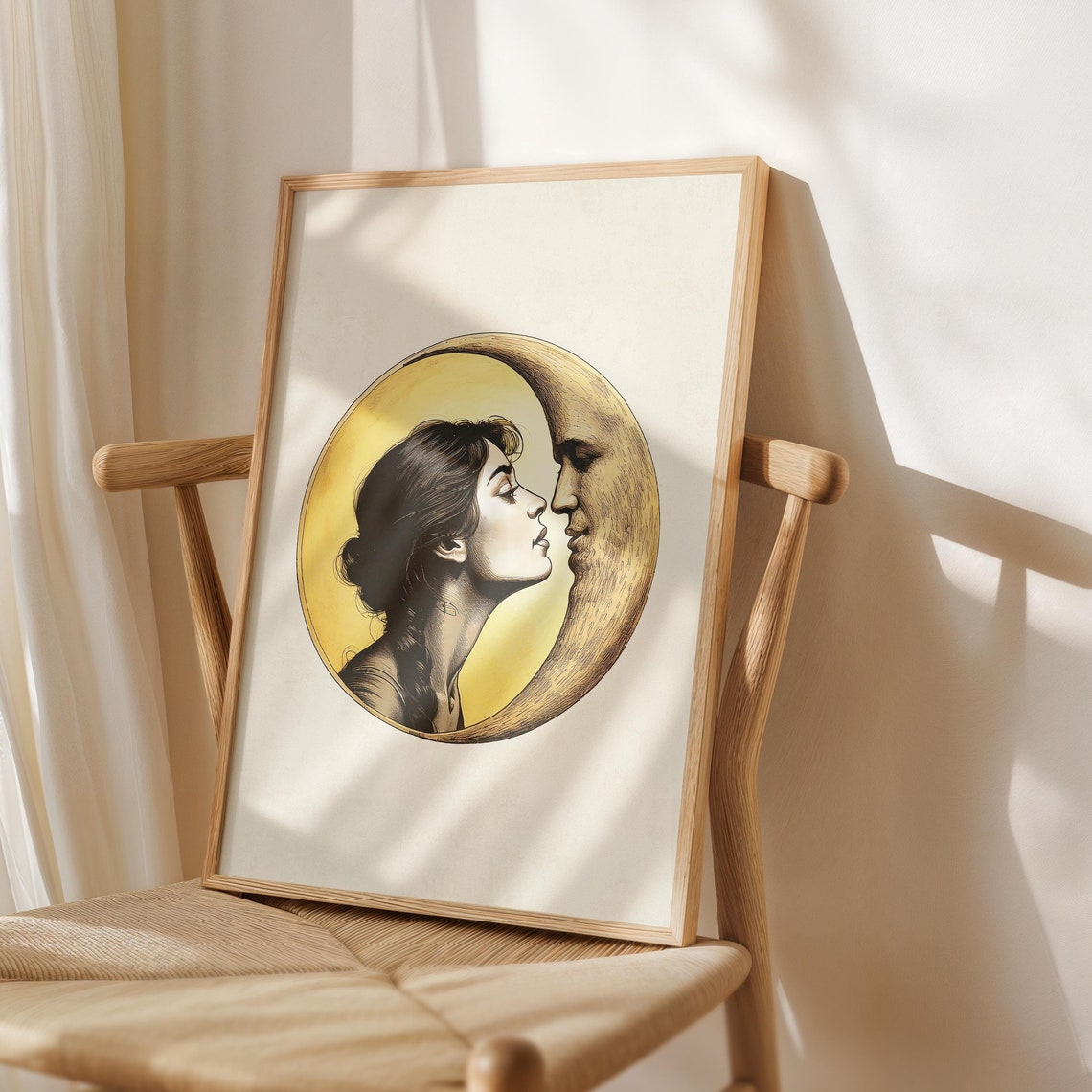 Moon Kiss Cream Vintage Romance Illustration Celestial Art Poster