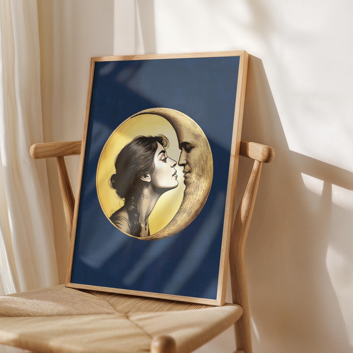 Moon Kiss Navy Vintage Romance Illustration Celestial Art Poster