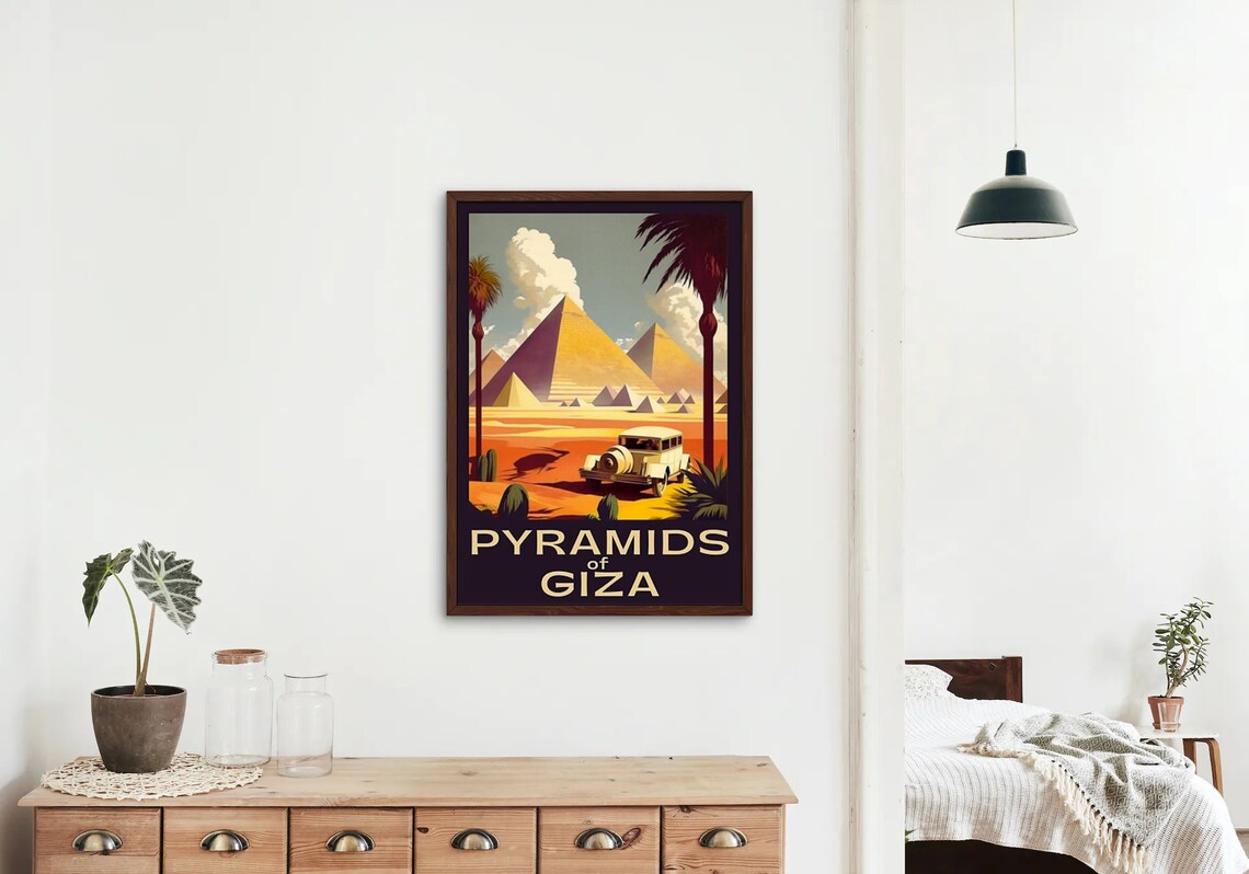Pyramids of Giza Vintage Sunset Desert Travel Poster Palm Trees View - Image 2