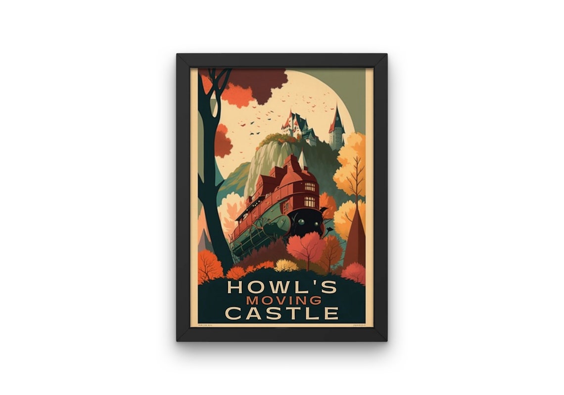 Howl's Moving Castle Retro Vintage Travel Poster Autumn Moonlight Art