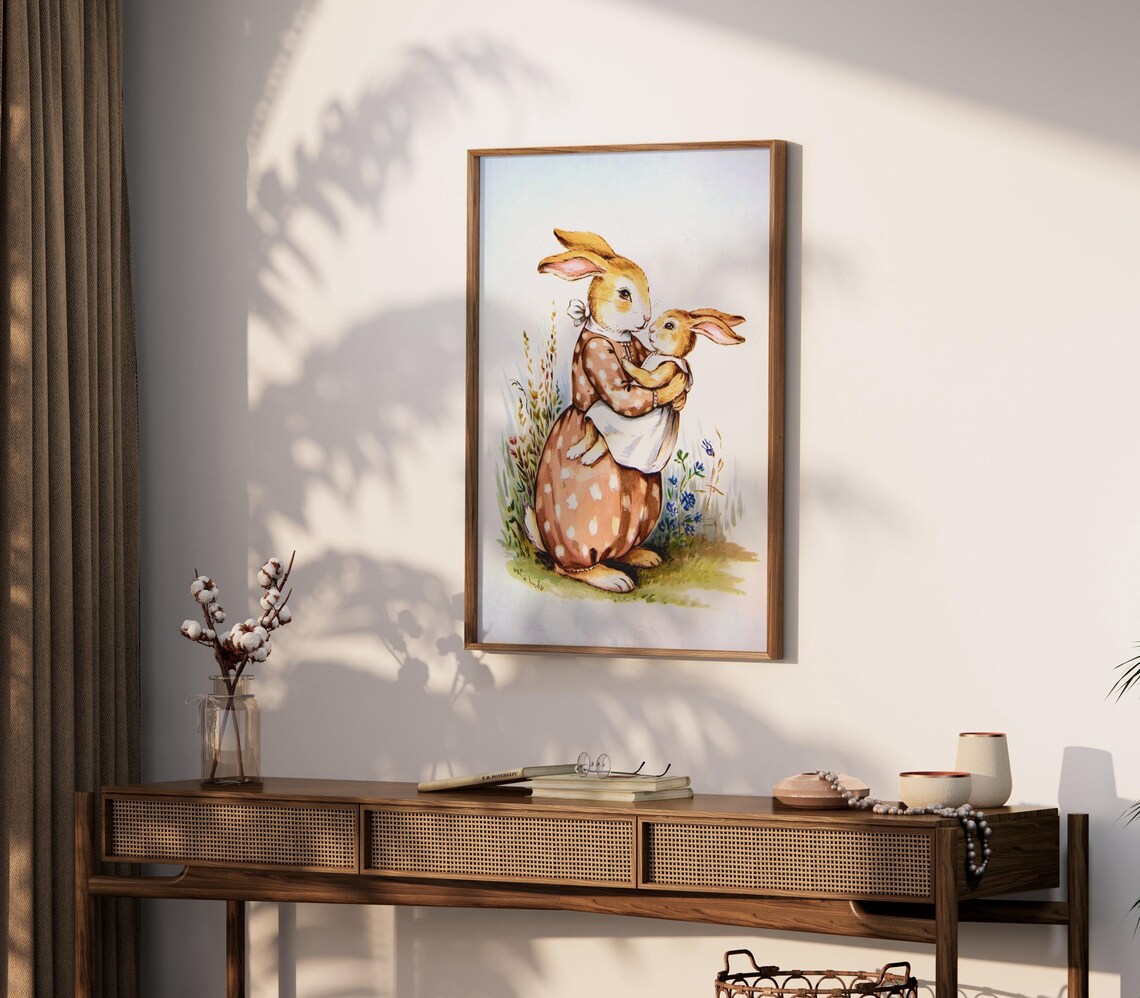 Vintage Mother Bunny And Baby Poster Nursery Wall Art Woodland Animal Print Kids Room Decor Bunny Illustration Unframed Poster - Image 2