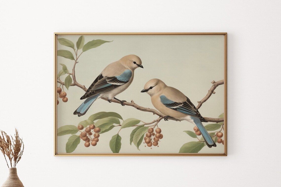 Pair of Blue Brown Birds on Berry Branch Vintage Bird Poster