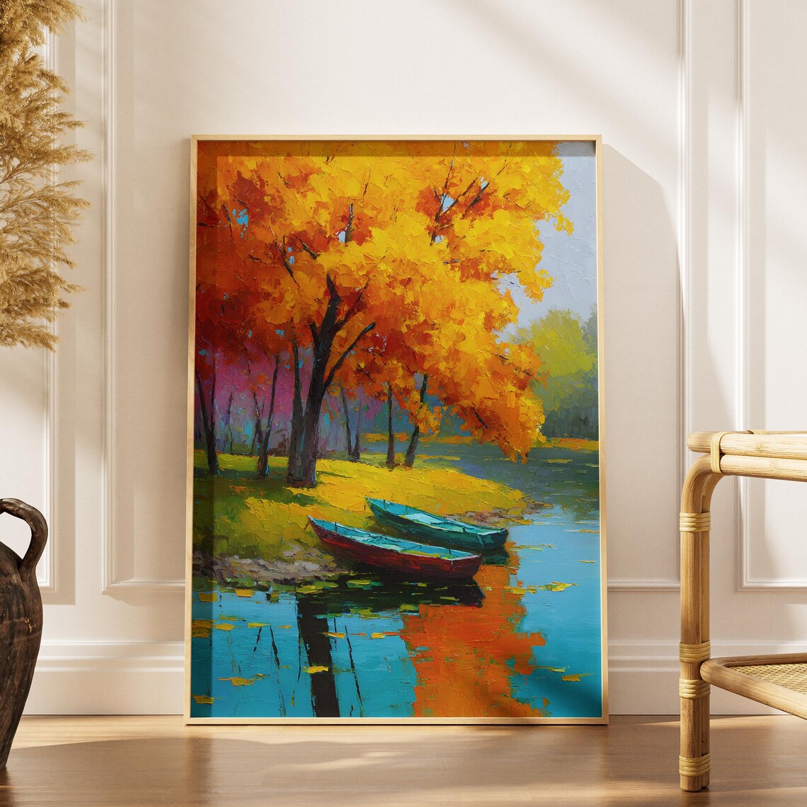 Autumn Lake Impressionist Painting Orange Foliage Boats Poster