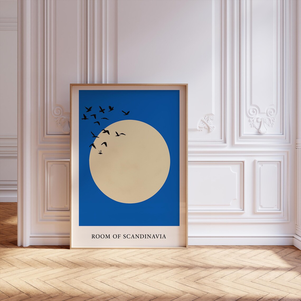 Blue Sun With Flying Birds, Japandi Art Print