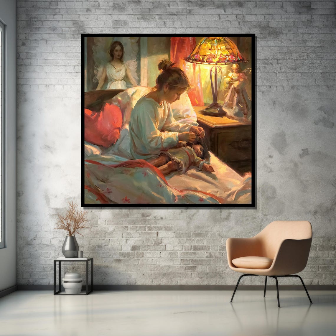 Mother's Tender Bedtime Moment With Guardian Angel Watching Art Poster - Image 5
