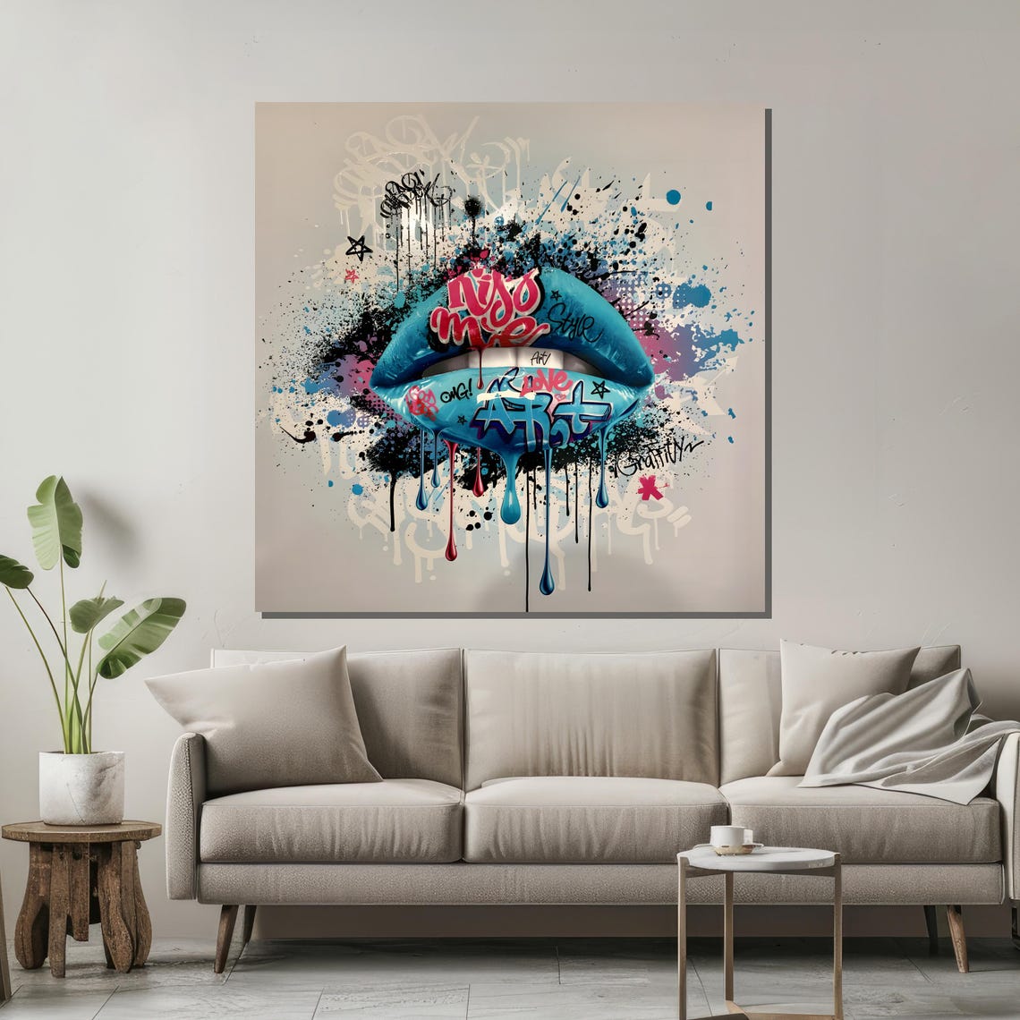 Bold Graffiti Lips Art Colorful Street Style Wall Decor Featuring Vibrant Blue Lips And Urban Pop Art Elements - Image 2