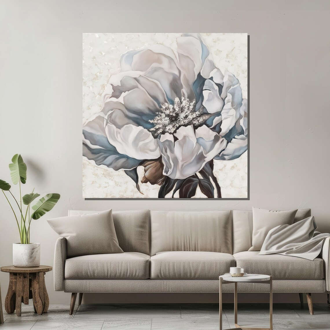 Gray and White Peony on Cream Textured Background Floral Art Poster - Image 2