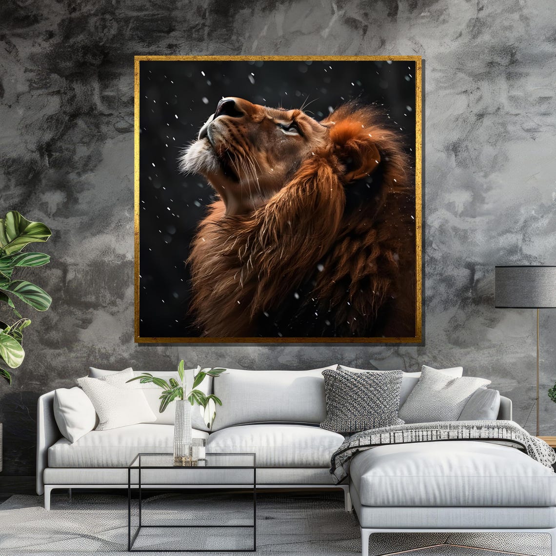 Majestic Lion Gazing Skyward Snow Dark Dramatic Wildlife Poster - Image 6