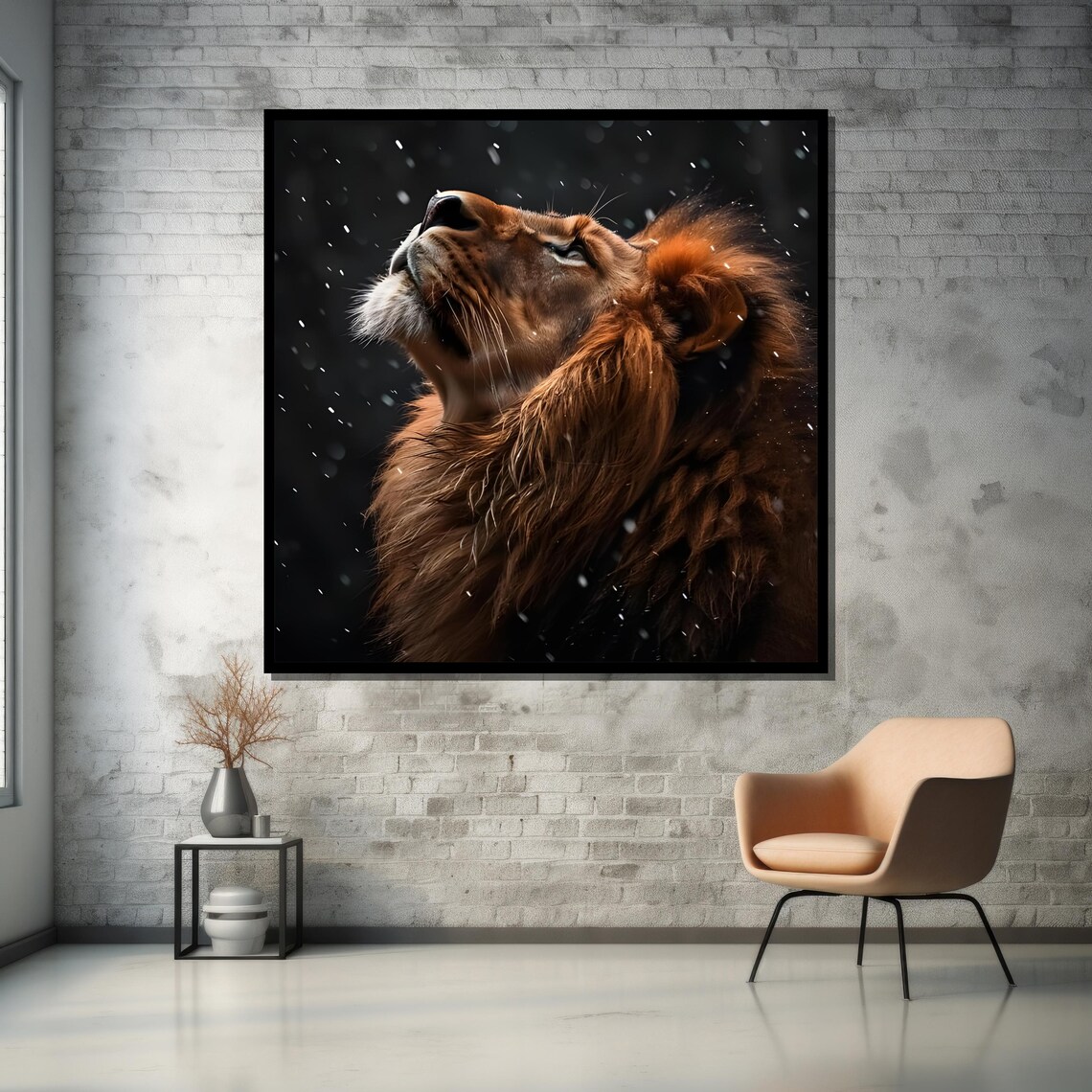 Majestic Lion Gazing Skyward Snow Dark Dramatic Wildlife Poster - Image 5
