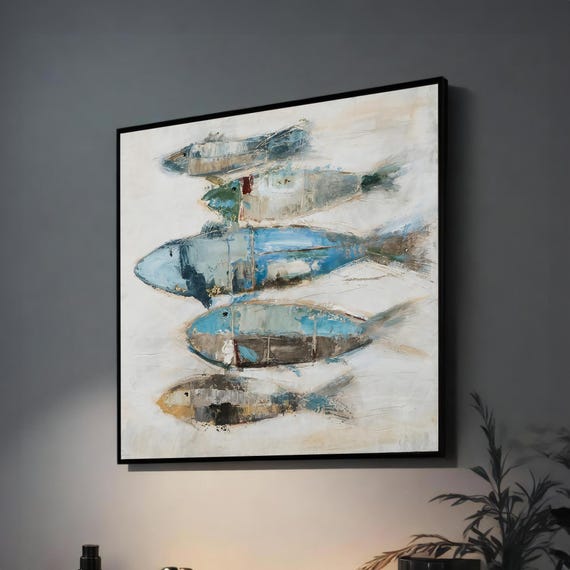 Abstract Fish Wall Art Coastal Blue And Beige Painting Modern Ocean Inspired Decor For Living Room Or Office Ready To Hang