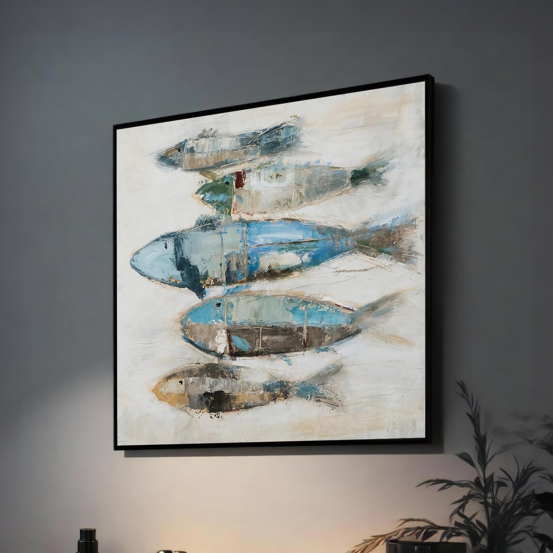 Abstract Coastal Fish School Blue Beige Ocean Poster for Beach Home