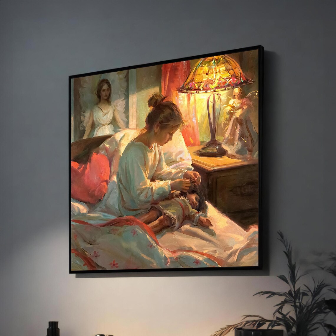Mother's Tender Bedtime Moment With Guardian Angel Watching Art Poster