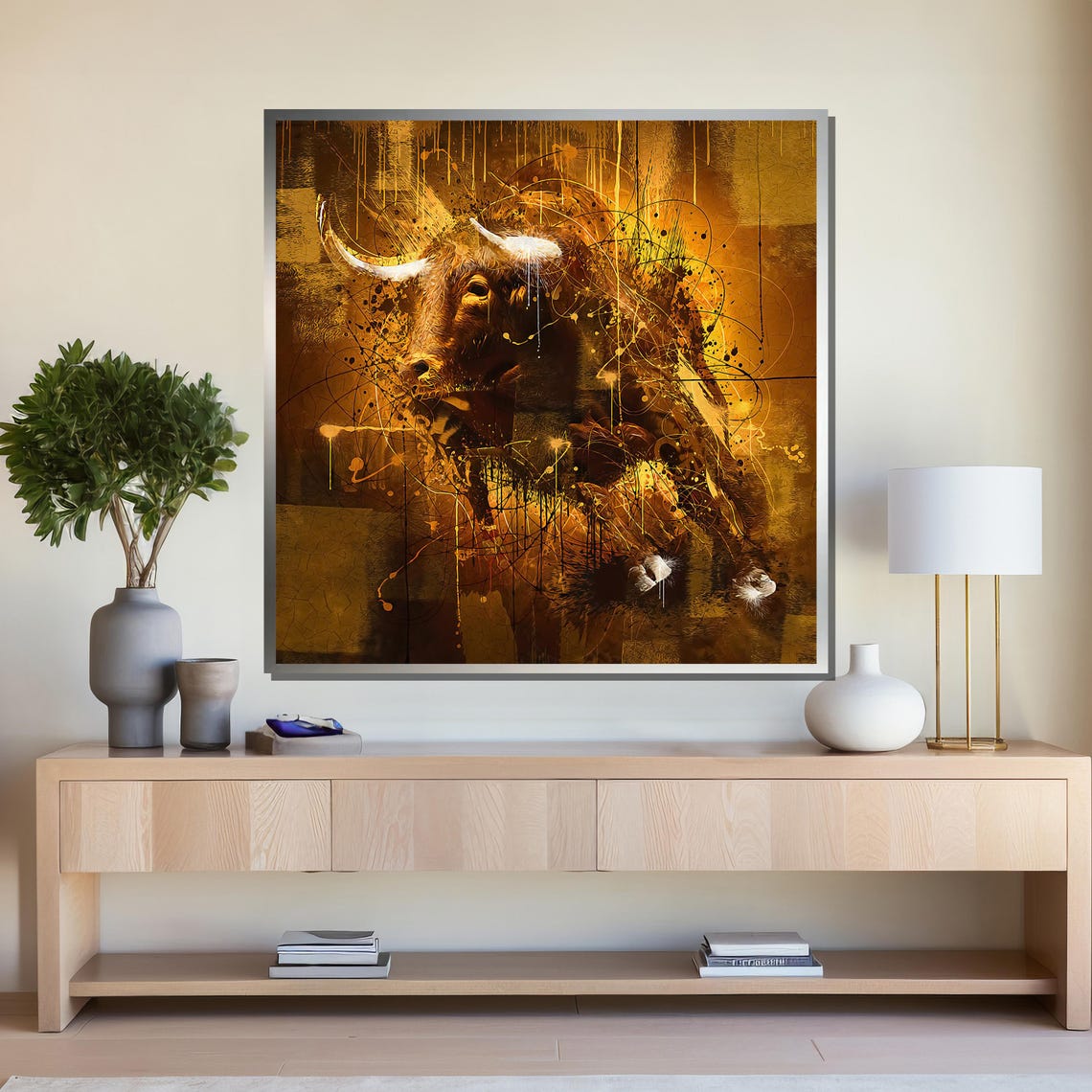 Abstract Bull Wall Art Golden Brown Animal Painting Rustic Western Inspired Decor For Living Room Or Office Ready To Hang - Image 4