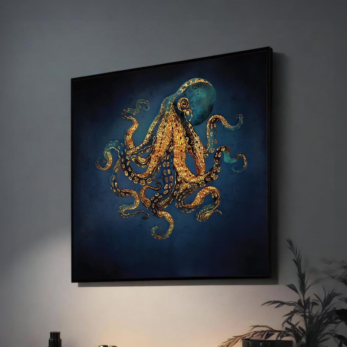 Golden Octopus Wall Art Elegant Deep Sea Animal Painting For Living Room Or Office Decor Unique Ready To Hang Ocean Inspired Art