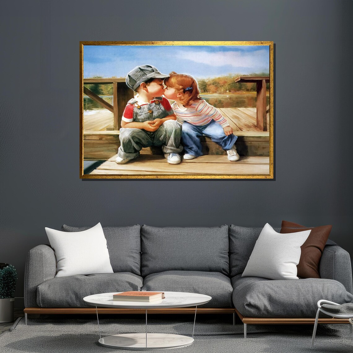 Two Sweet Little Kids Kissing on Wooden Dock Childhood Art Poster - Image 6