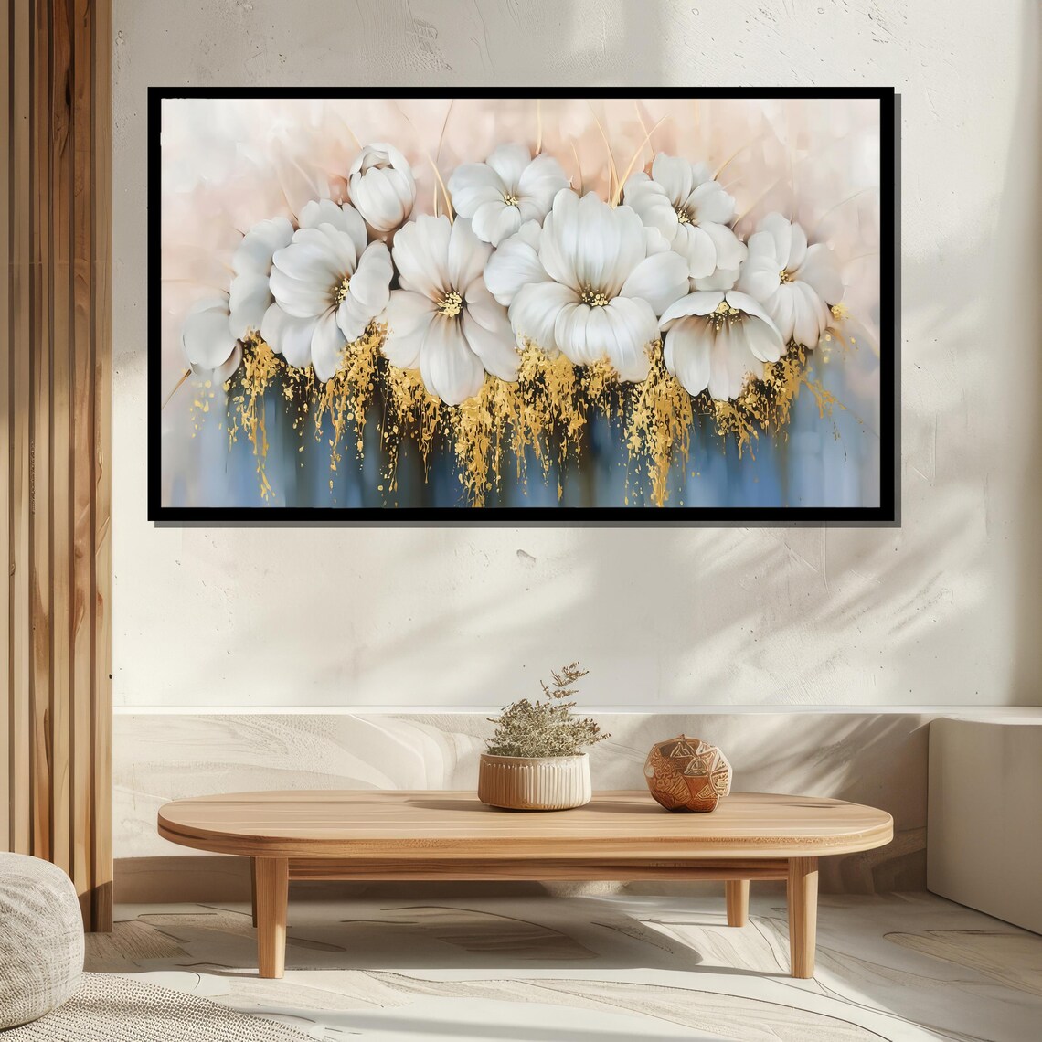 Elegant White Flower Wall Art With Gold Accents Luxury Modern Home Decor - Image 5