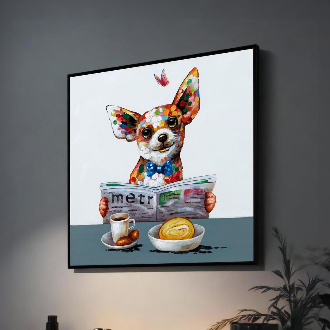 Chihuahua Reading Morning Newspaper Funny Polka Dot Dog Art Poster