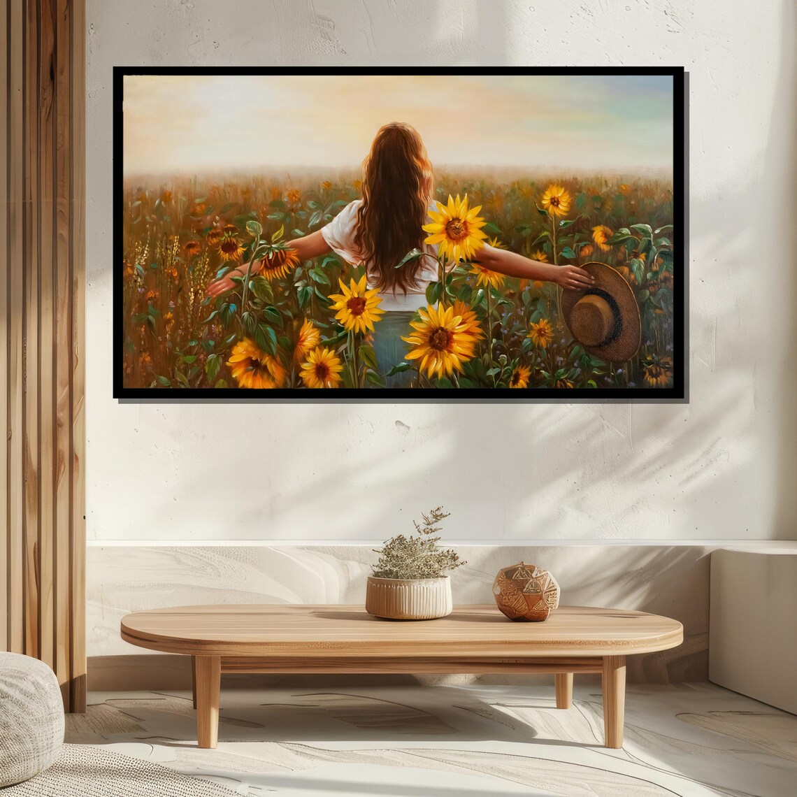 Woman With Arms Wide Open In Golden Sunflower Field Scene Poster - Image 5