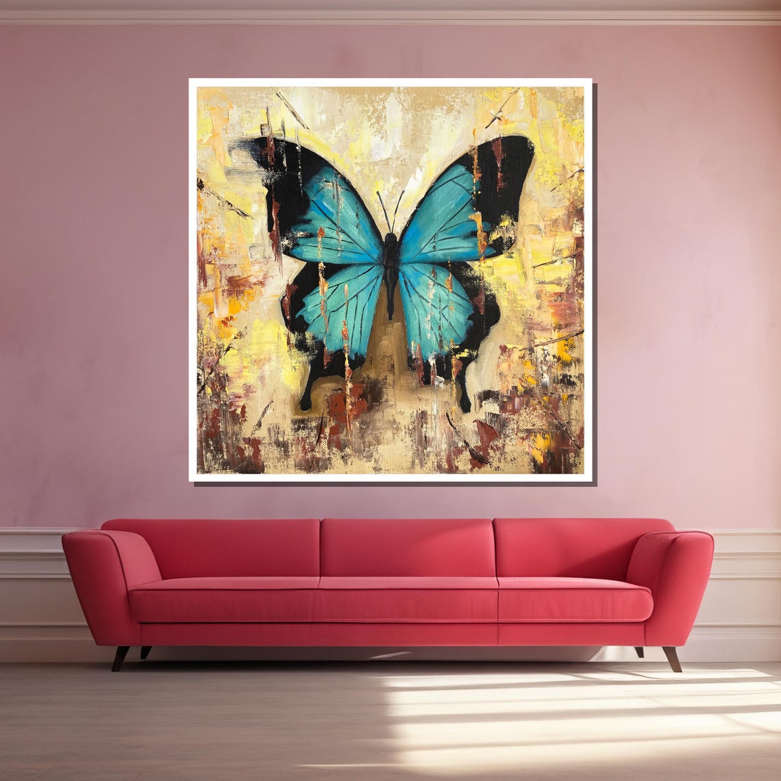 Blue Morpho Butterfly Gold Painted Abstract Background Art Poster - Image 3
