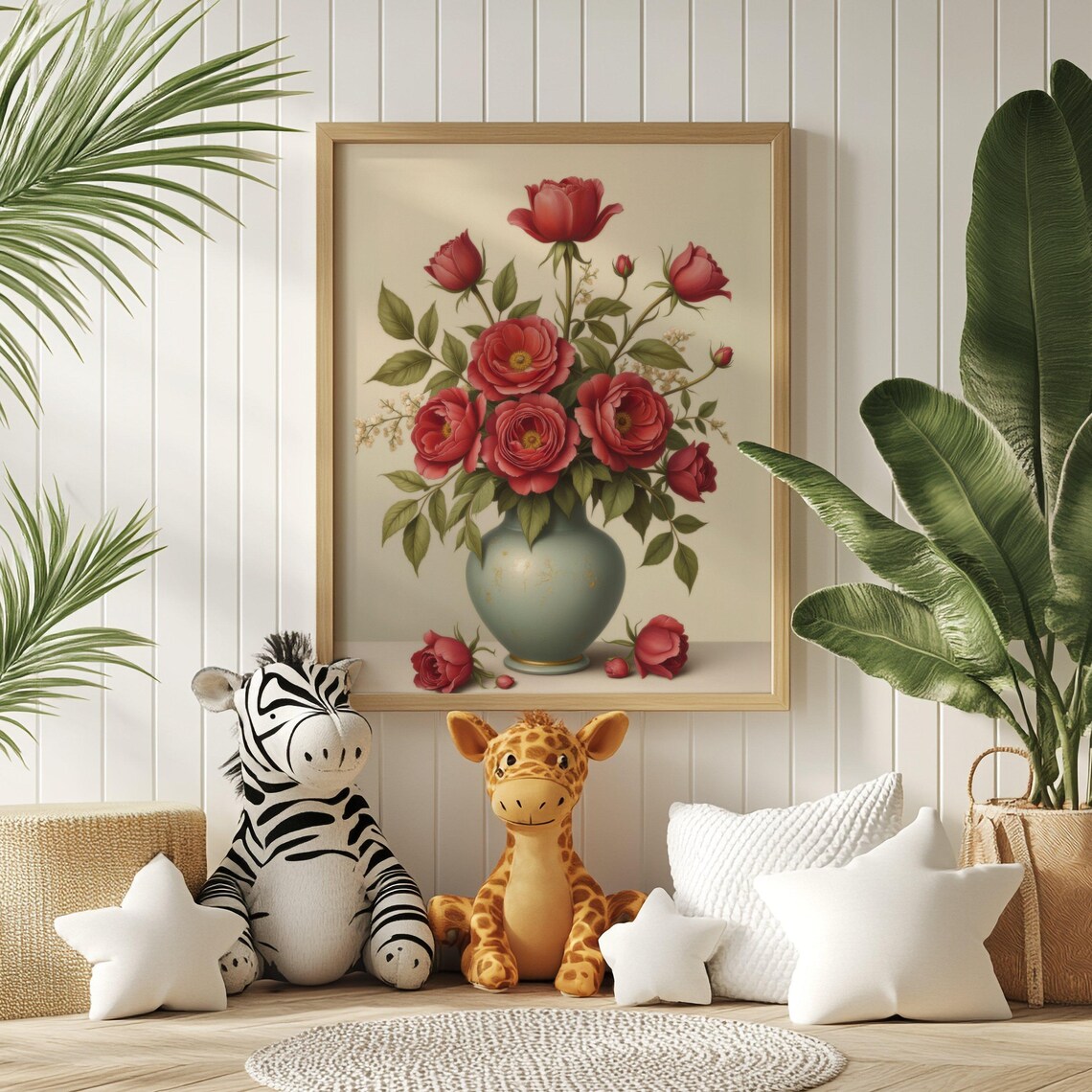 Classic Red Roses In Blue Vase Vintage Botanical Floral Poster - Image 2