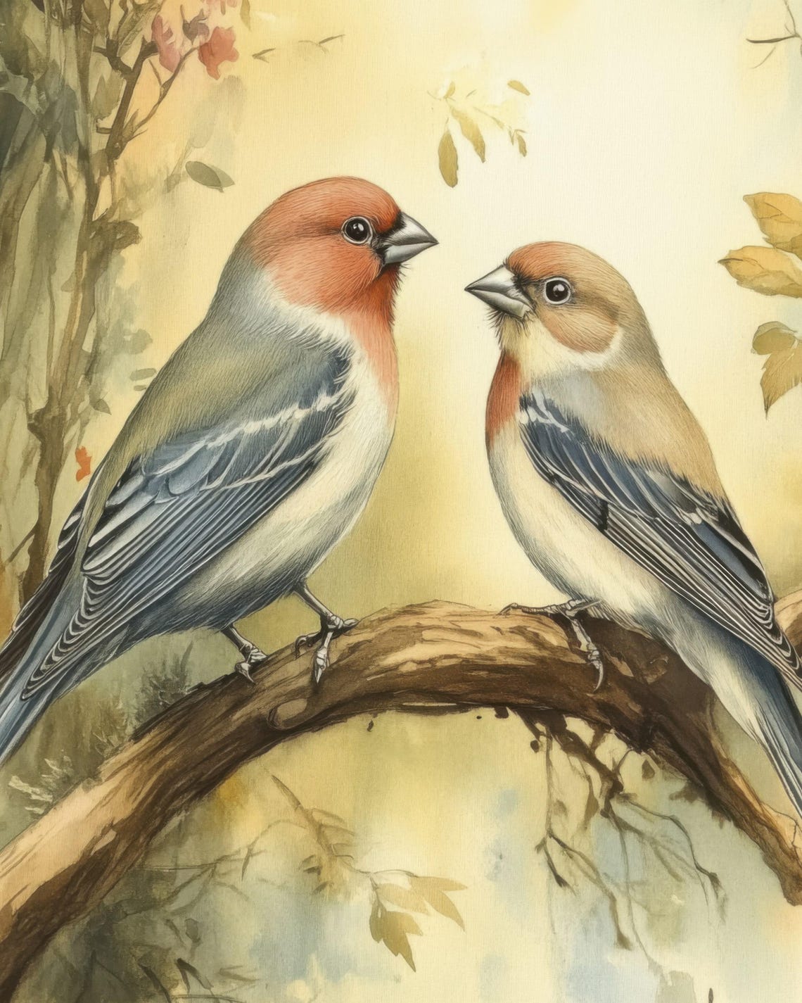 Pair Of Colorful Finches Perched On Branch Watercolor Poster - Image 3