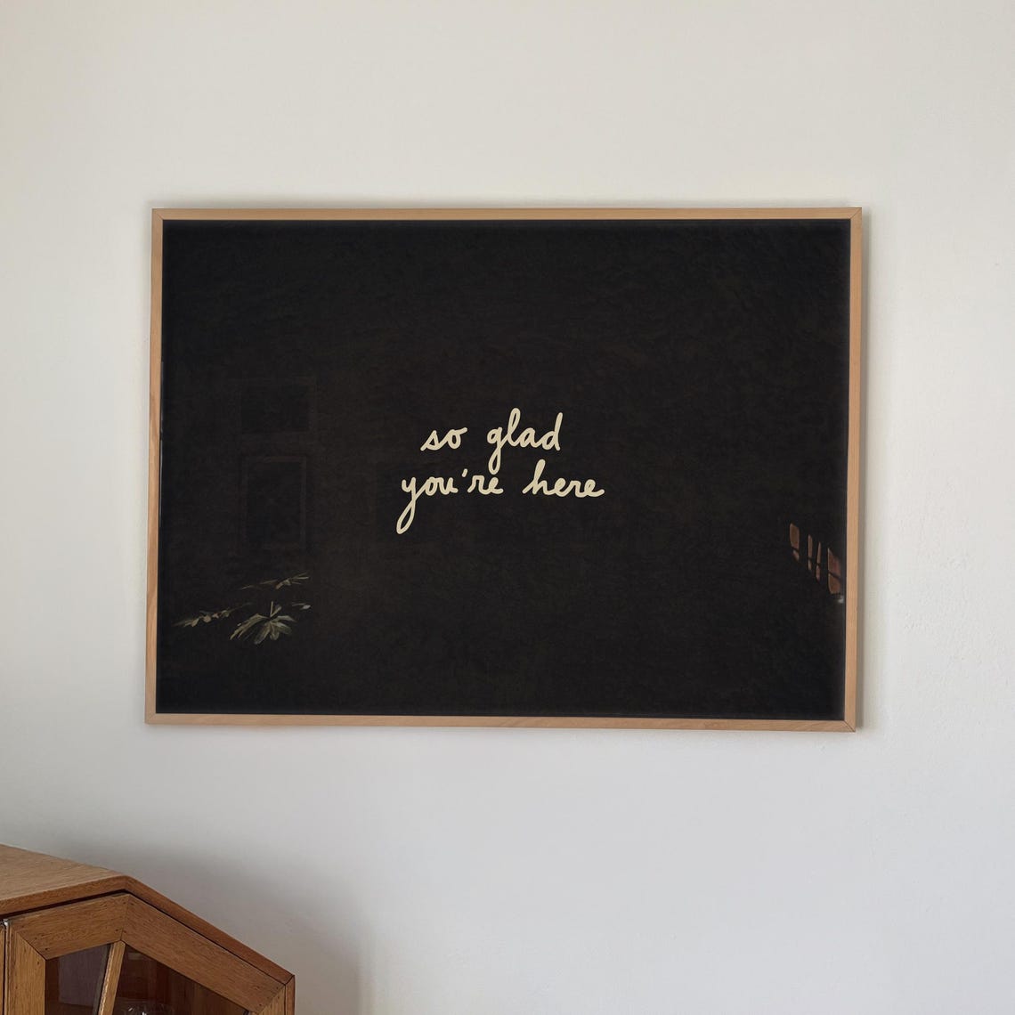 So Glad You Are Here Script Quote Minimal Black and Beige Wall Art