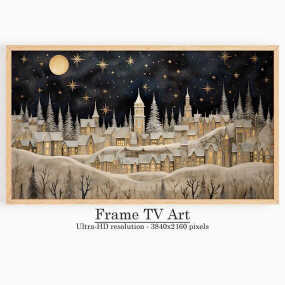 Starry Night Christmas Village Snowy Town Frame TV Art Holiday Poster
