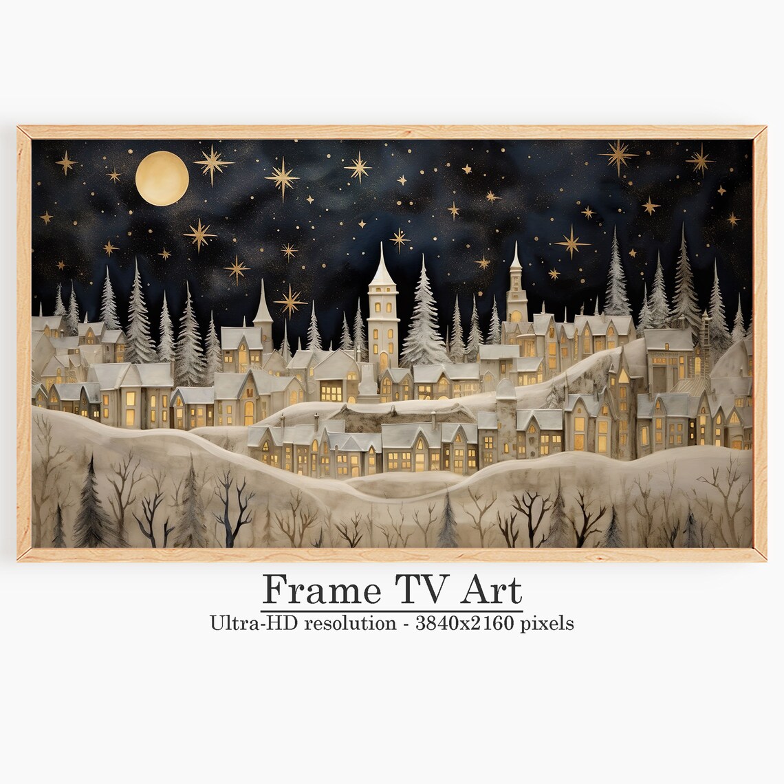Starry Night Christmas Village Snowy Town Frame TV Art Holiday Poster