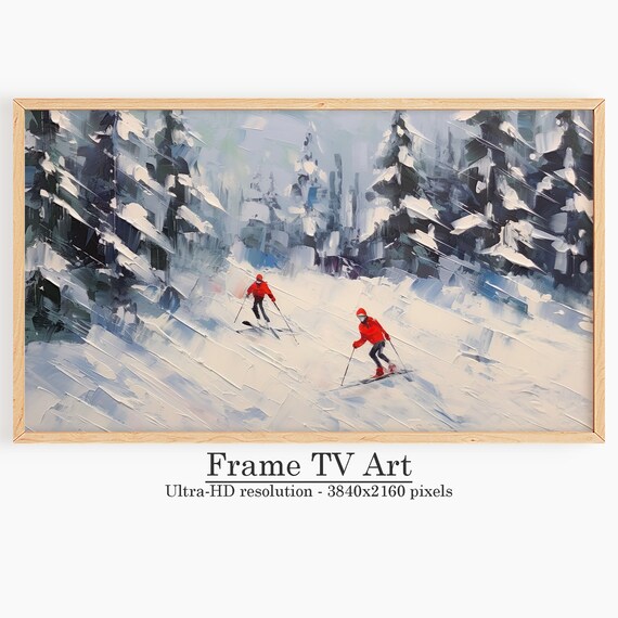 Two Skiers in Red Carving Snowy Forest Slope Impressionist Wall Art