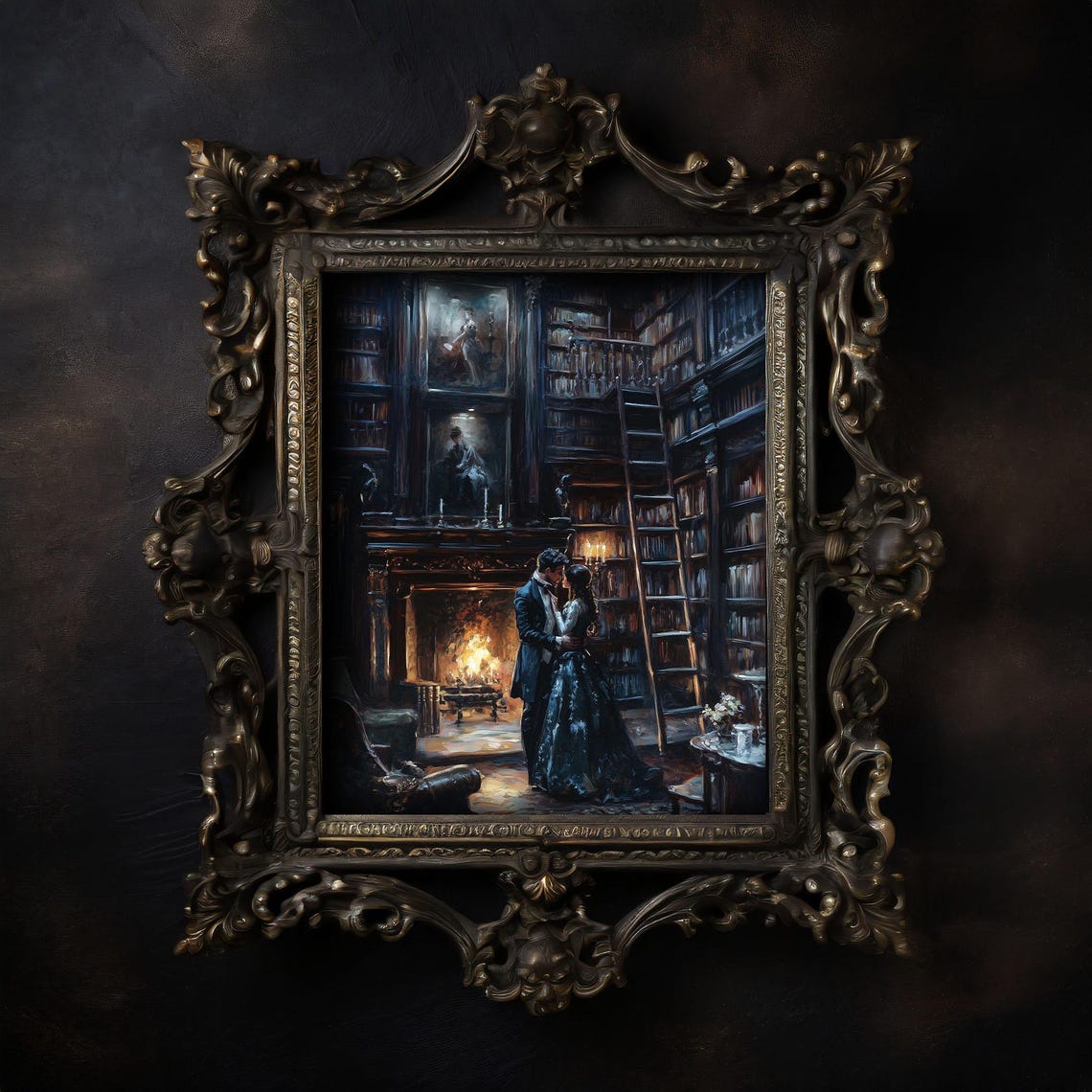 Dark Academia Library Romance by Fireplace Gothic Couple Art Poster
