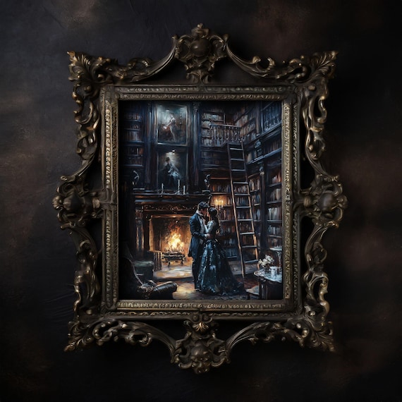 Dark Academia Library Romance by Fireplace Gothic Couple Art Poster