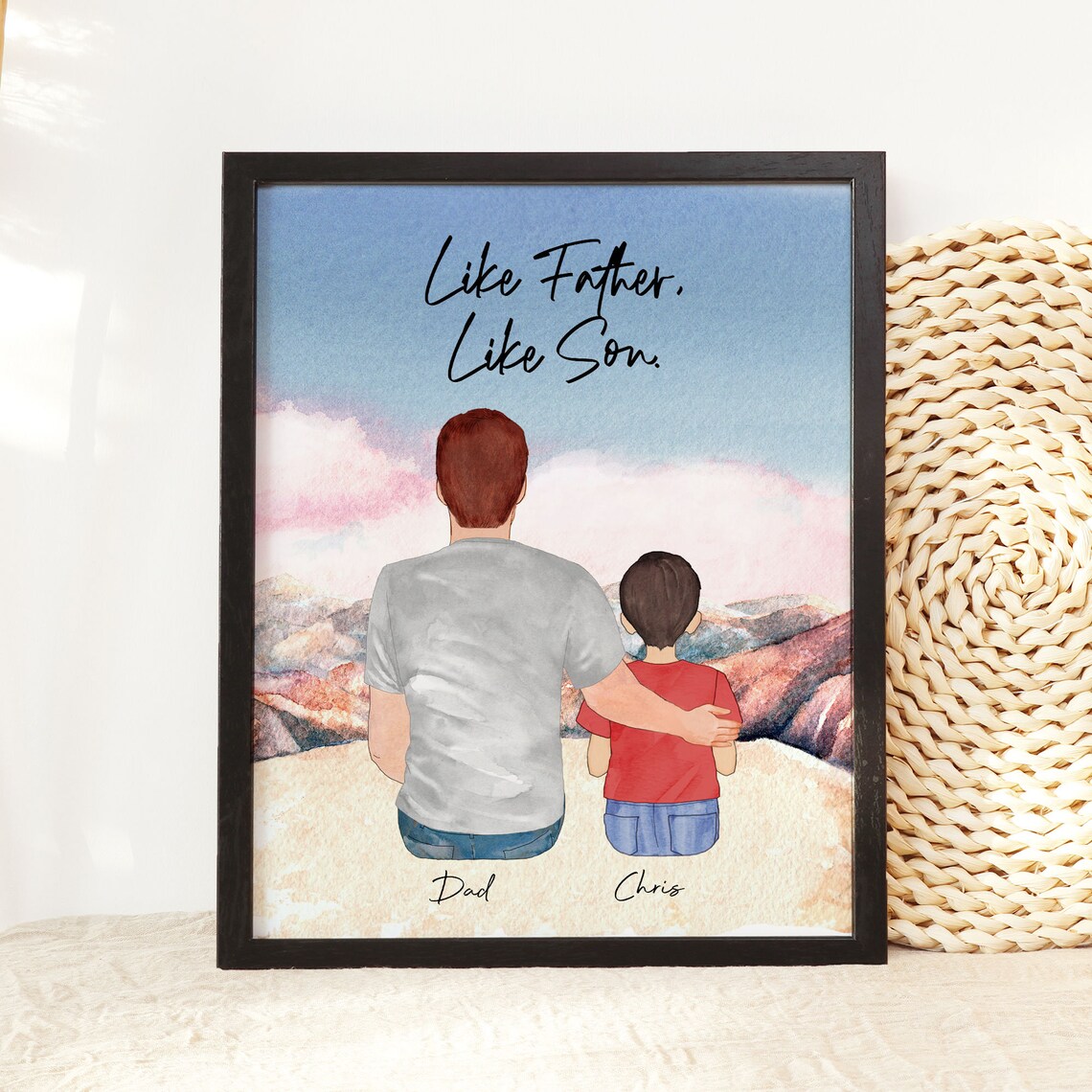 Like Father Like Son Dad and Son Mountain Sunset Watercolor Poster