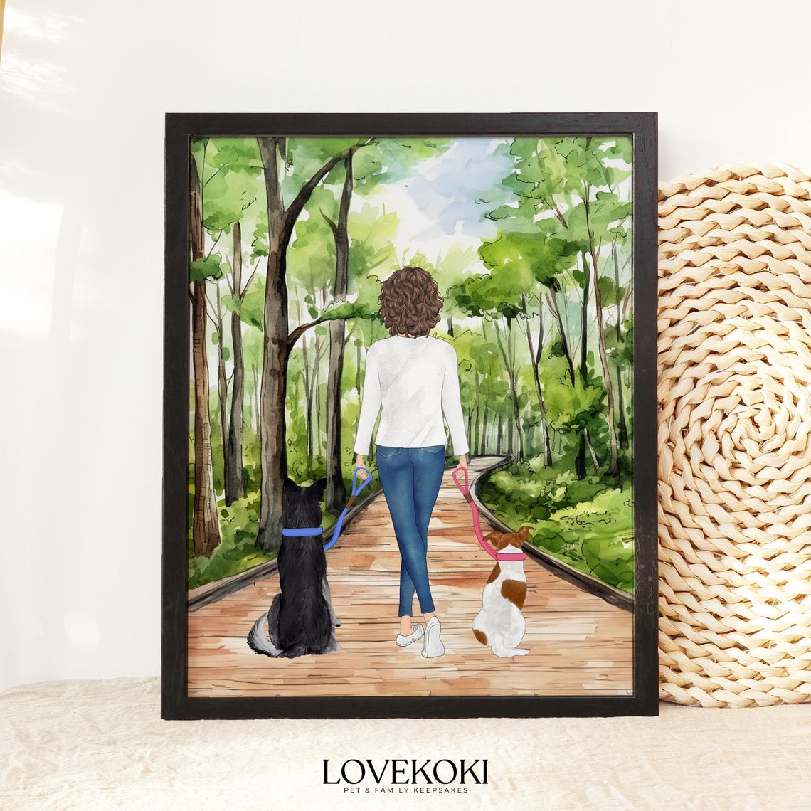 Woman Walking Two Dogs on Forest Path Custom Pet Portrait Poster
