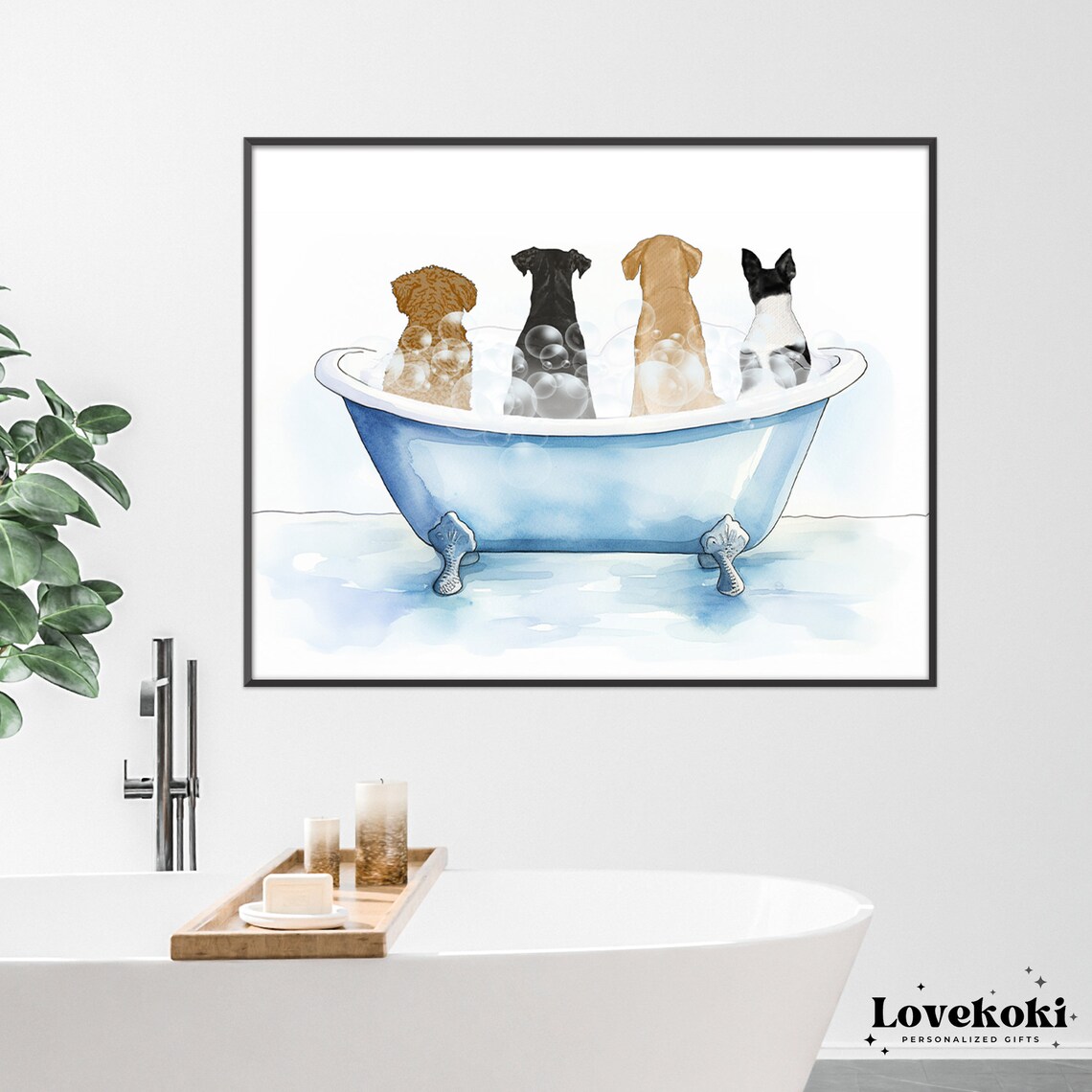 Four Dogs Sitting In A Blue Clawfoot Bathtub Watercolor Poster