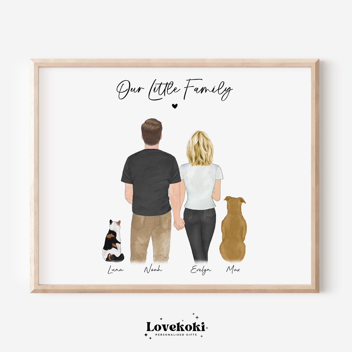 Personalized Couple With Pets Custom Family Portrait Dog Cat Wall Art