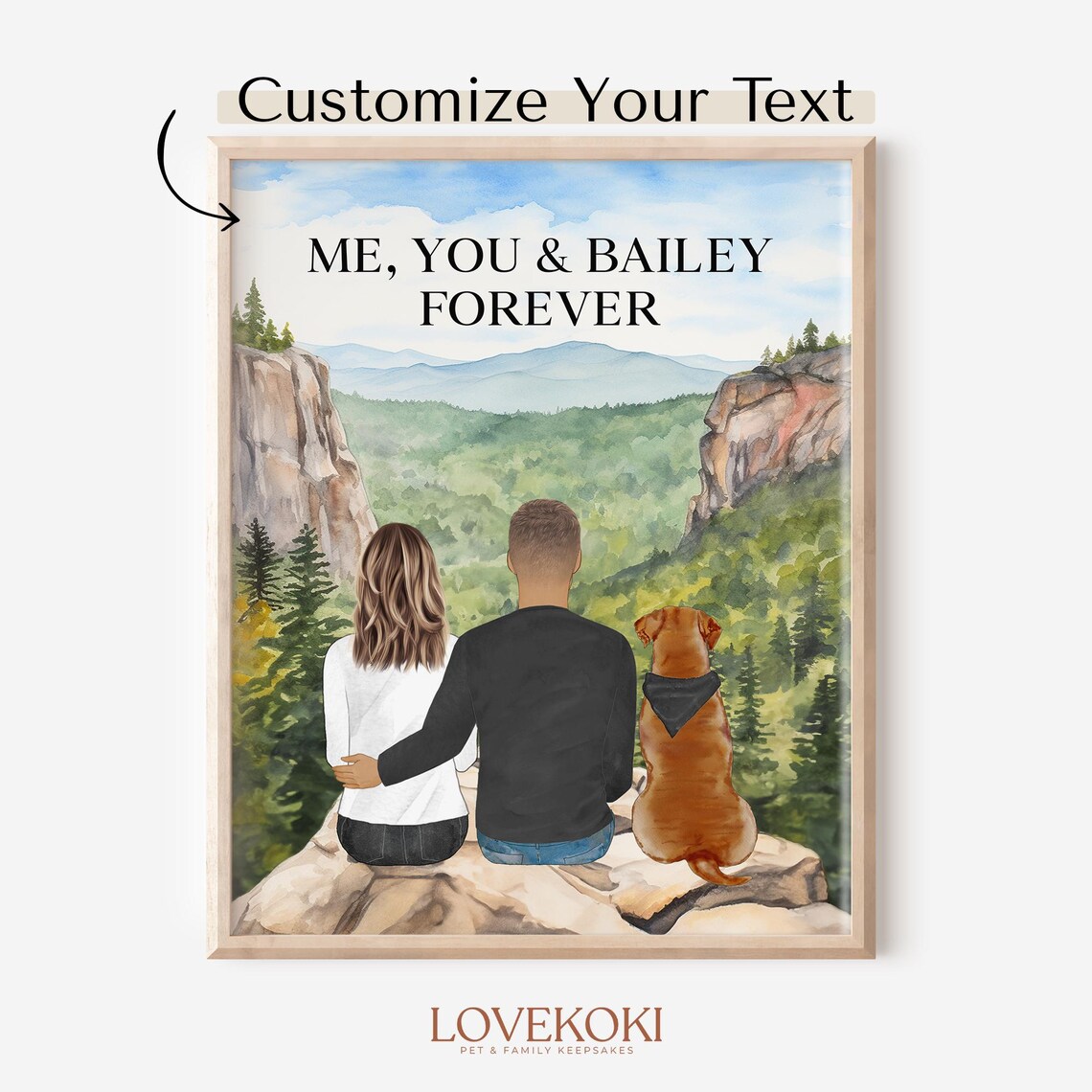 Personalized Couple With Dog Mountain Lake Custom Name Wall Art Print