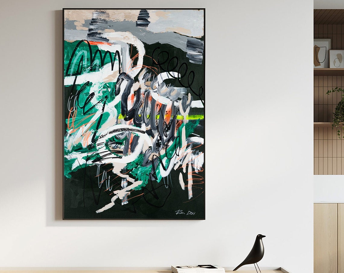 Dark Green Black And White Abstract Waves Painting By Ron Deri Poster - Image 3